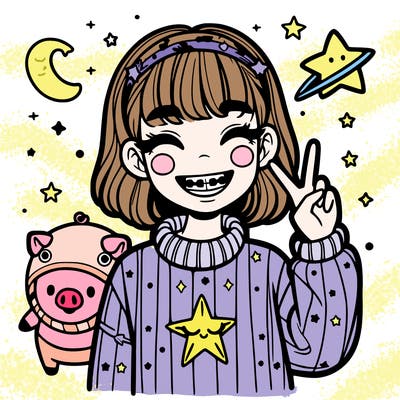 girl with braces and a sweater with a shooting star and a head band with a pig next to her