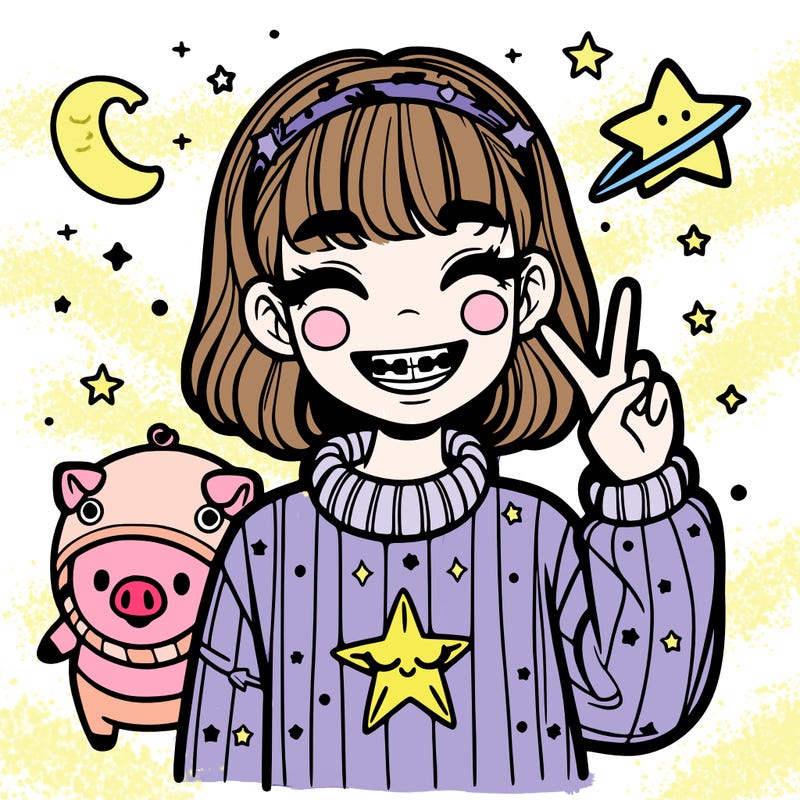 girl with braces and a sweater with a shooting star and a head band with a pig next to her