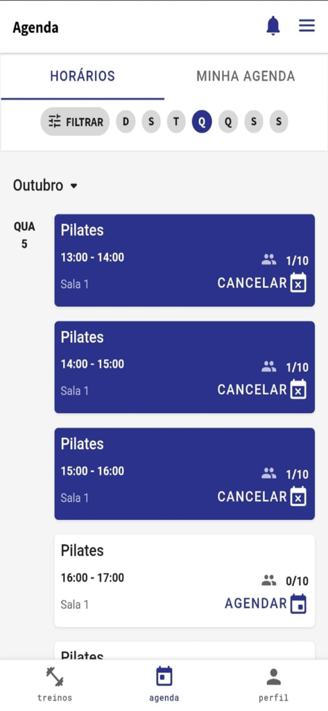 Bluefit - A mobile screen showing the Bluefit gym class agenda with several Pilates sessions listed for booking or cancellation.