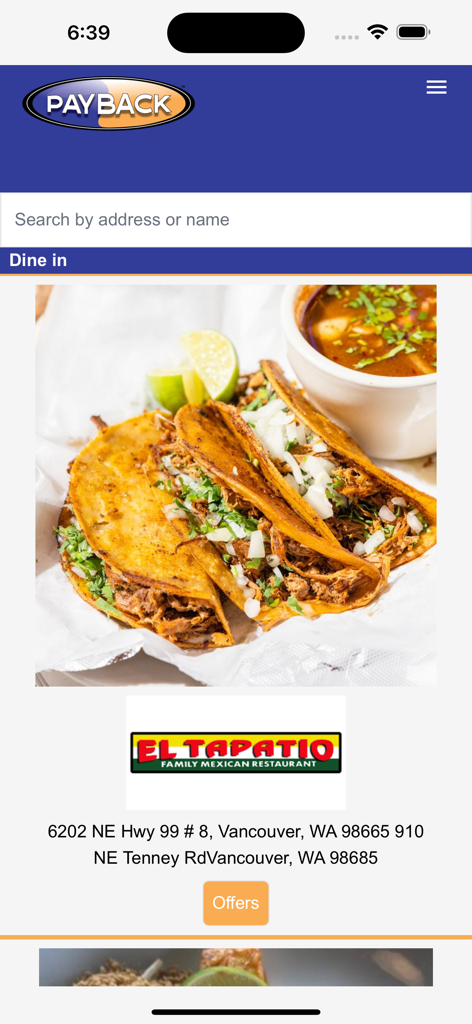 Payback - Mobile - Payback Mobile app interface showing a dining offer for El Tapatio Mexican Restaurant in Vancouver Washington.