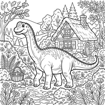 Discover the enchanting world of a Camarasaurus enjoying a serene cottagecore setting. This delightful coloring page combines prehistoric charm with rustic beauty, perfect for a relaxing creative escape.
