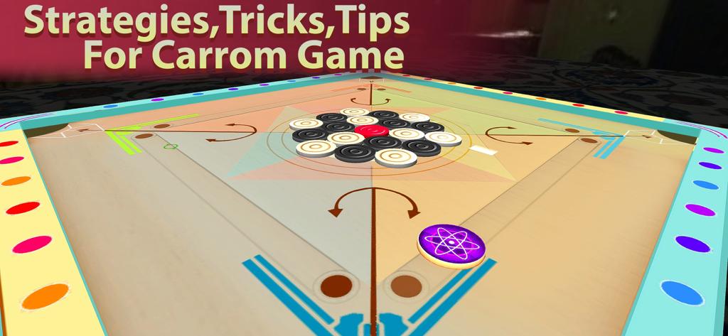Carrom Star Pool Game - Digital carrom board with black and white discs and a purple striker highlighting game strategies