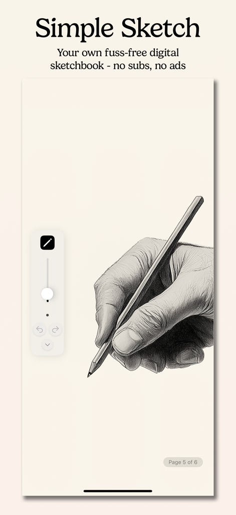 Simple Sketch - A detailed pencil sketch of a hand holding a pencil within the Simple Sketch app interface on an iPhone