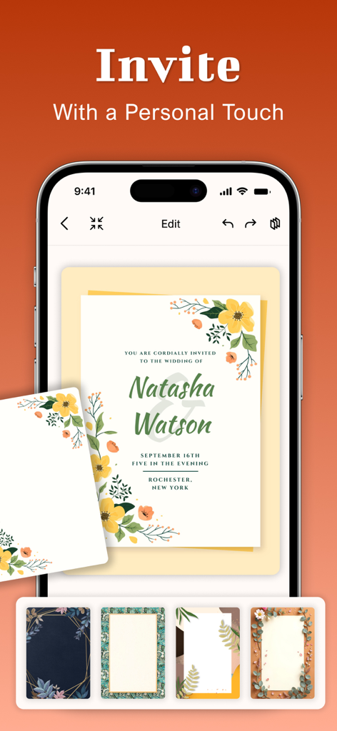 Invitation Maker-RSVP,Greeting - Pantalla de smartphone que muestra una invitación de boda floral siendo editada en la aplicación
