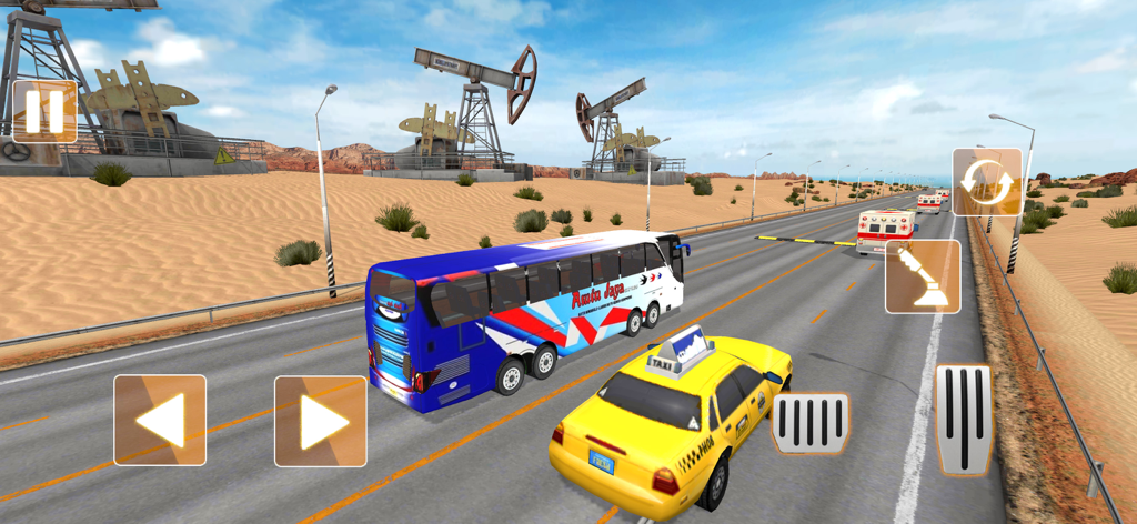 Bus Rage: Smash & Race - A blue bus and yellow taxi driving on a desert highway with oil pumps in the background