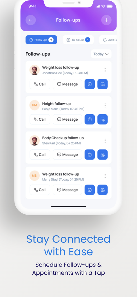 NutriSwift app interface showing a list of client follow-up tasks and communication options for dietitians