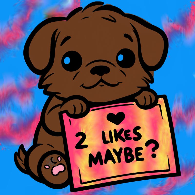 a puppy holding a sign that says 2 likes maybe?