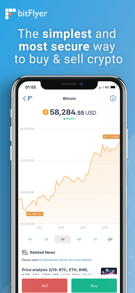 bitFlyer Crypto Exchange - bitFlyer mobile app interface showing Bitcoin price chart and trading options