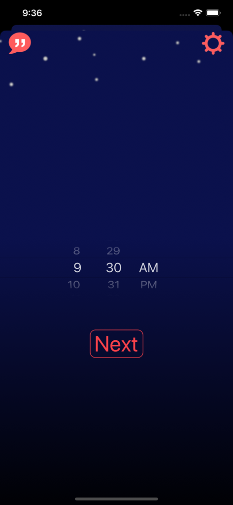 Inspire Alarm Clock - The alarm setting screen of Inspire Alarm Clock featuring a time picker and a night sky background