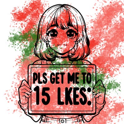 realistic girl holding up a sign that says “pls get me to 15 likes!”