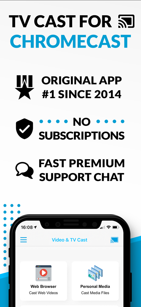 TV 캐스트 for Chromecast 앱 프로모션 화면, 웹 동영상 및 개인 미디어 캐스팅 옵션과 주요 기능 목록 표시