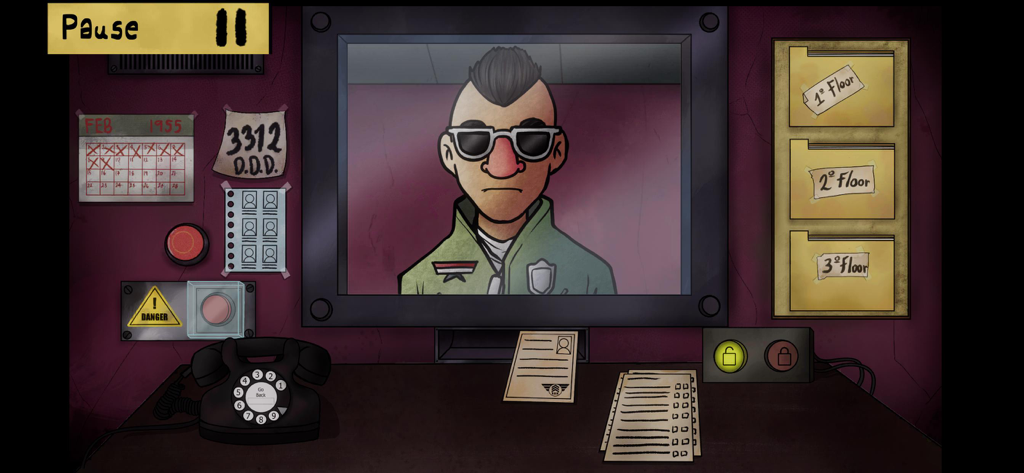 Gameplay-Screenshot von That's not my Neighbor, der einen Sicherheitsschalter mit einem Wählscheibentelefon und einem Nachbarn auf einem Monitor zeigt.