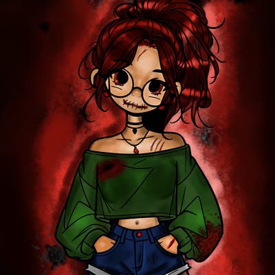 girl with a messy ponytail glasses a baggy crop top and jean shorts