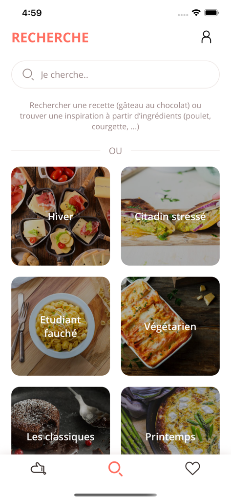 Search interface of the Marmiton cooking app featuring recipe categories like vegetarian, classics, and seasonal filters.