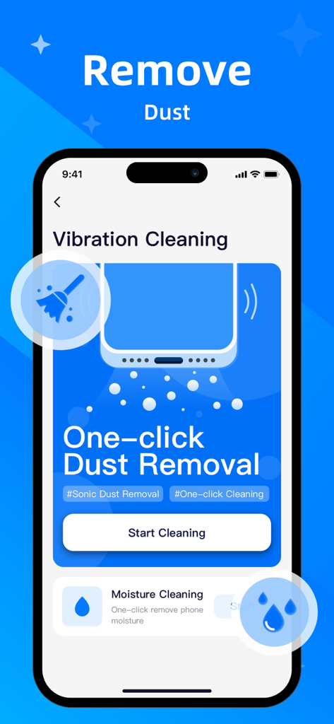 Interface of Clean Now app showing the vibration cleaning and one-click dust removal feature for phone speakers