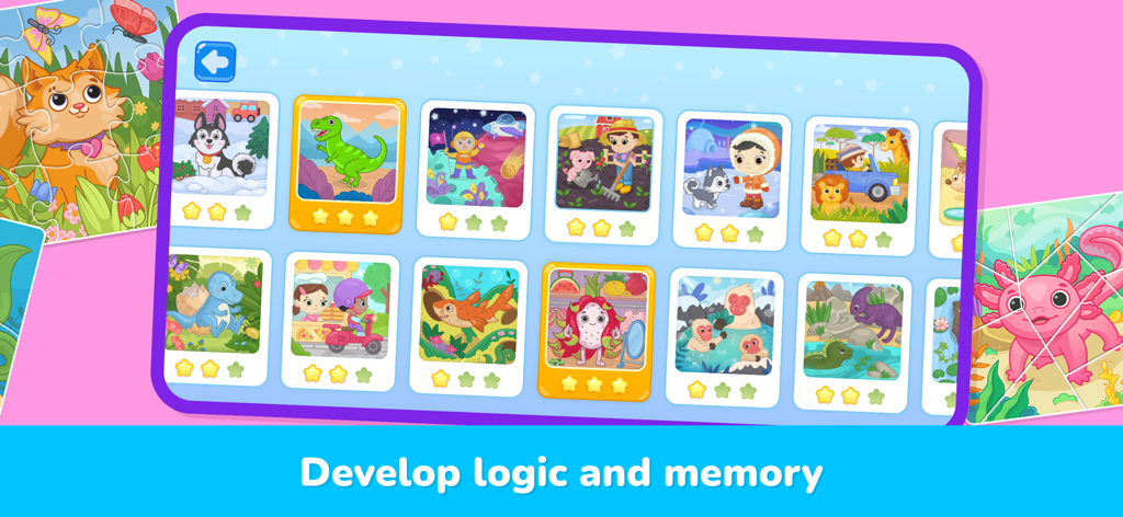 Menu de sélection de jeux de puzzle éducatifs pour tout-petits avec des thèmes comme les dinosaures, l'espace et les animaux pour développer la logique et la mémoire