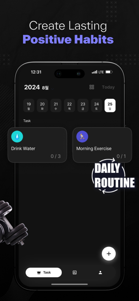 Interfaz de la aplicación Habithaven mostrando el seguimiento de hábitos diarios de ingesta de agua y ejercicio matutino