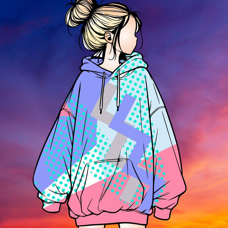 realistic girl with a oversized sweatshirt on and a bun