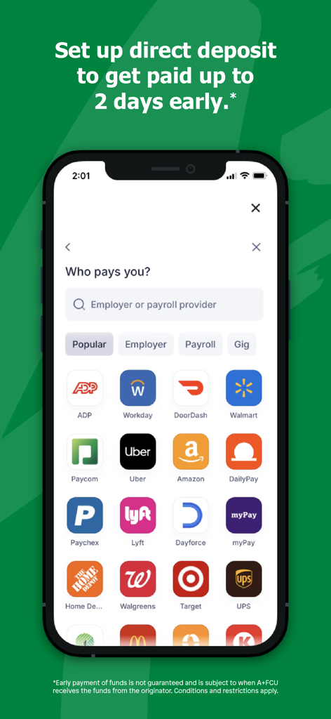 Écran de configuration du dépôt direct dans l'application A+ Mobile montrant une liste d'icônes d'employeurs et de fournisseurs de paie tels que ADP et Amazon.