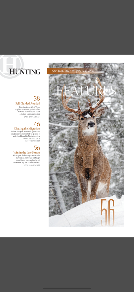 Features page of Petersen's Hunting Magazine showing a deer in a snowy forest