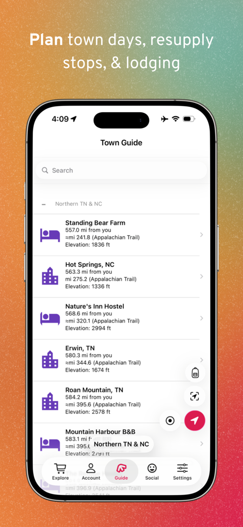 Smartphone display of FarOut app Town Guide for planning resupply stops and lodging.