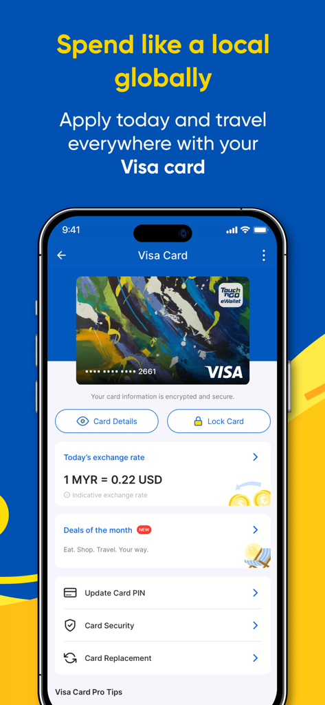 Interface of the Touch n Go eWallet Visa card showing global exchange rates and card security features