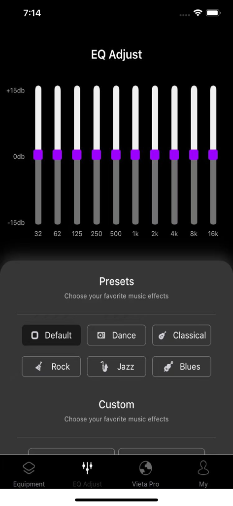 Vieta Pro Audio - Interfaz del ecualizador de la aplicación Vieta Pro Audio con controles deslizantes de frecuencia y varios preajustes de géneros musicales
