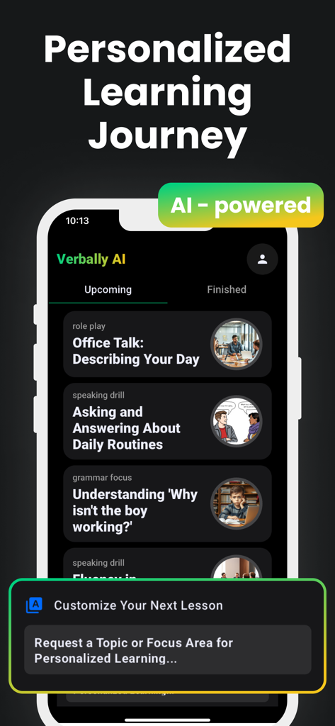 Speak English with Verbally AI - Verbally AI Mobile App-Bildschirm zeigt eine personalisierte Englisch-Lernreise mit KI-gestützten Rollenspielen und Sprechübungen