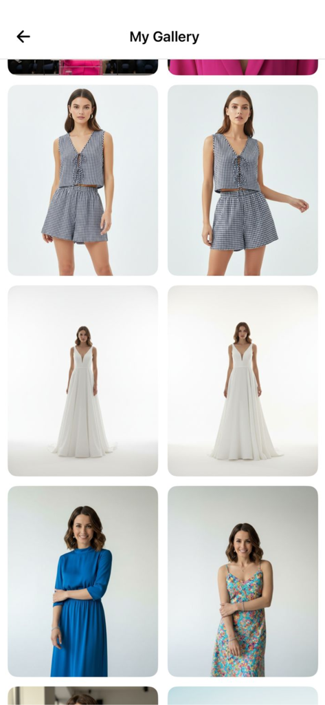 A grid view of AI-generated fashion photos in the GenLook app gallery showing models in various outfits including a white gown and a blue dress