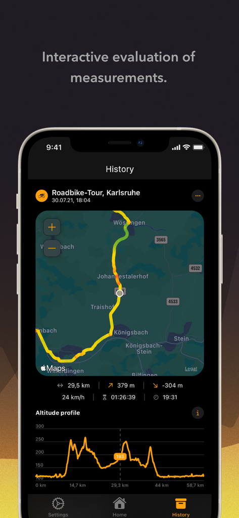 Baloc: Your altitude profile - An iPhone displaying the Baloc app history screen with a road bike tour map and a detailed altitude profile graph.
