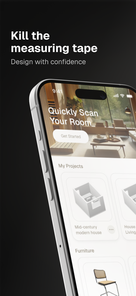 Smartphone screen displaying the Kanai app interface with 3D room scanning and interior design project features