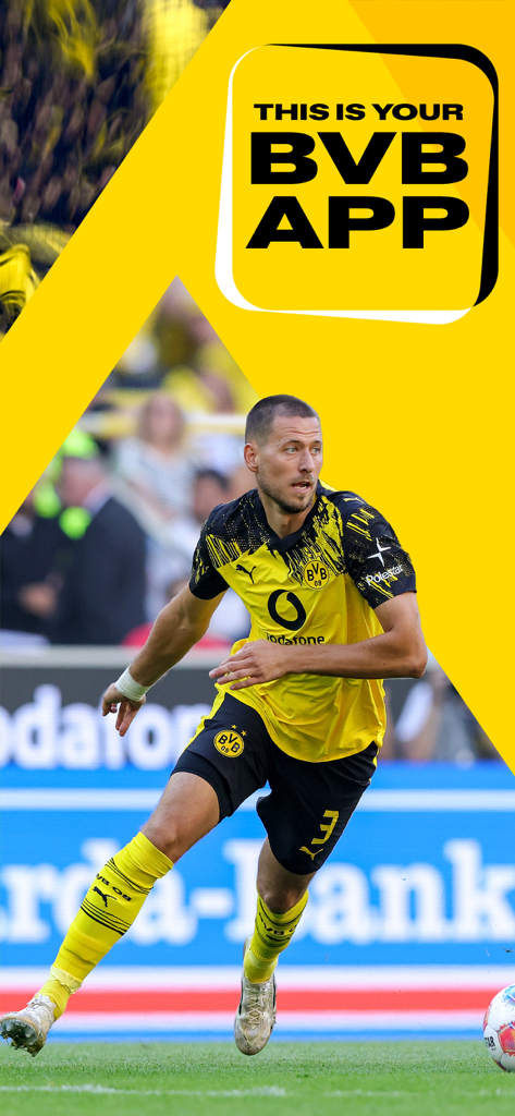 BVB - Willkommensbildschirm der offiziellen BVB-App mit einem Fußballspieler von Borussia Dortmund in Aktion