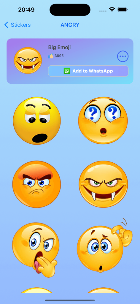 A gallery of custom angry and funny emoji stickers in the StickerMaker Keyboard app