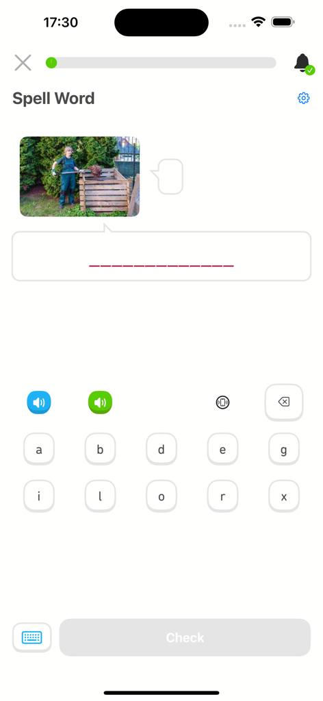 4000 Essential English Words ⑹ - Una pantalla de ejercicio de ortografía en la aplicación 4000 Essential English Words que presenta una indicación de imagen y fichas de letras