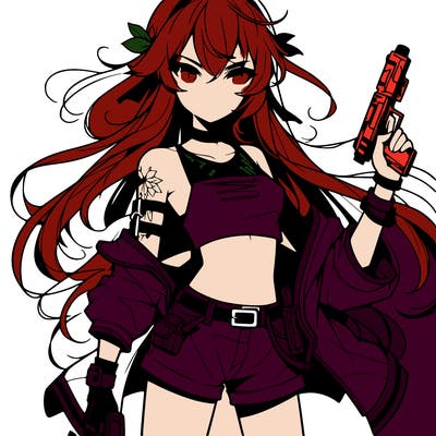 bad girl wearing crop top holding a gun long hair anime