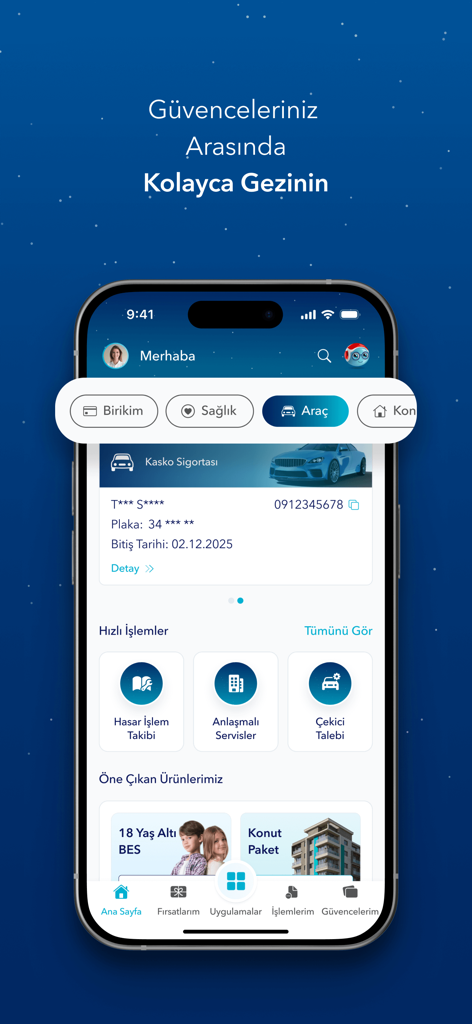자동차 보험 정책 정보 및 서비스 옵션이 있는 터키 보험 모바일 앱 대시보드를 보여주는 모바일 화면