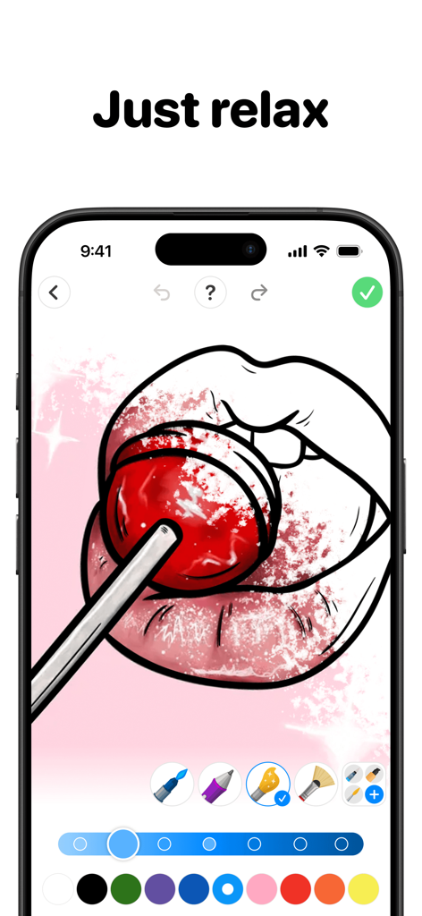 Eine mobile Oberfläche der Color Pop AI Malbuch-App mit einer Zeichnung eines Lutscher und Lippen mit der Überschrift Entspanne dich einfach.