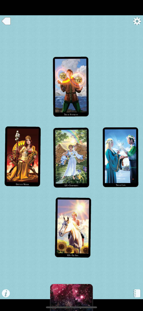 A digital tarot reading with five cards displayed in a cross layout on a light blue background