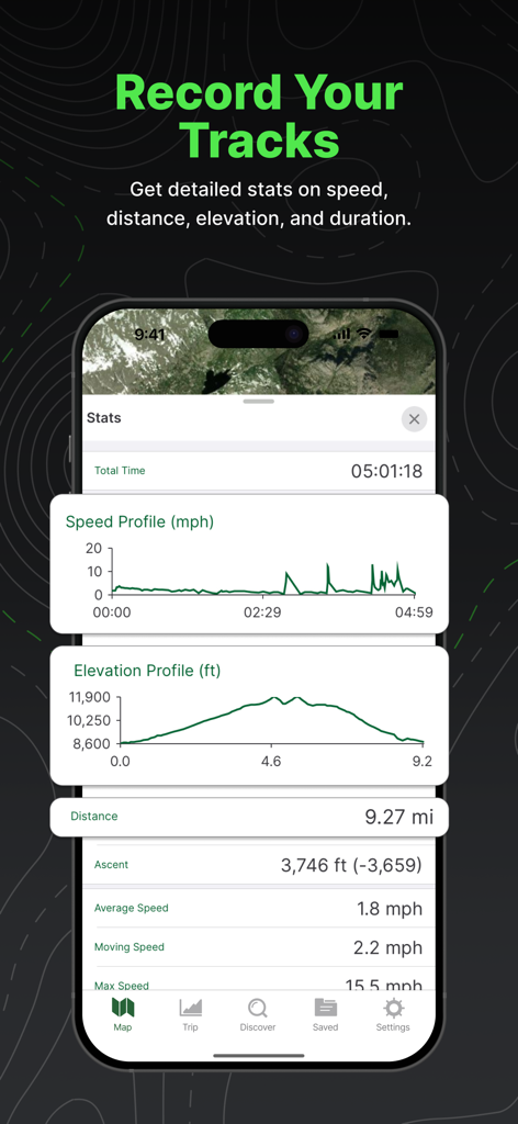 Gaia GPS: Mobile Trail Maps - 고도 및 속도 프로필 그래프와 함께 상세한 하이킹 트랙 통계를 보여주는 Gaia GPS 앱 스크린샷