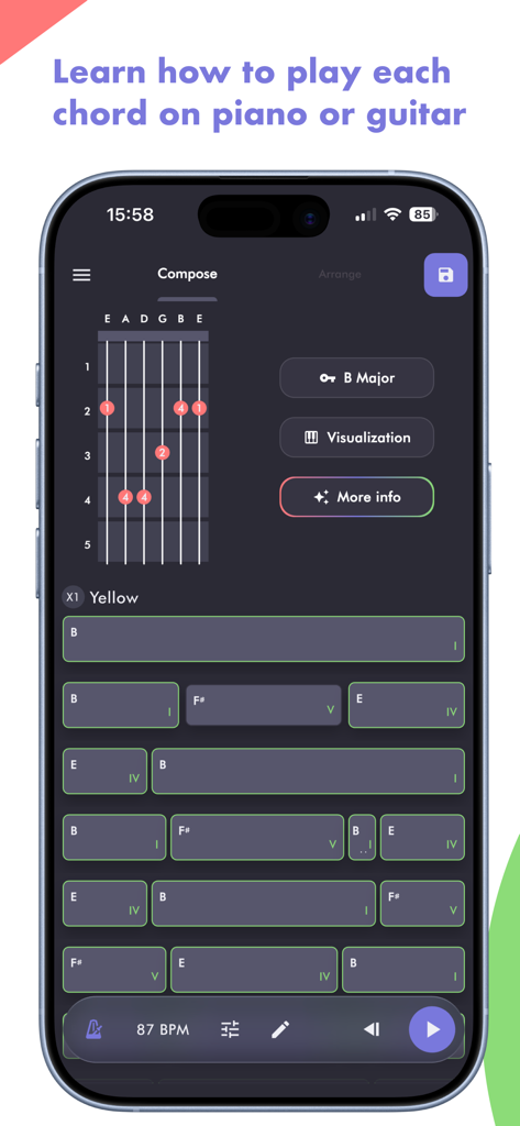 Horucco: Chord Progressions - Horucco app interface showing a guitar chord diagram for B Major and a multi line chord progression timeline