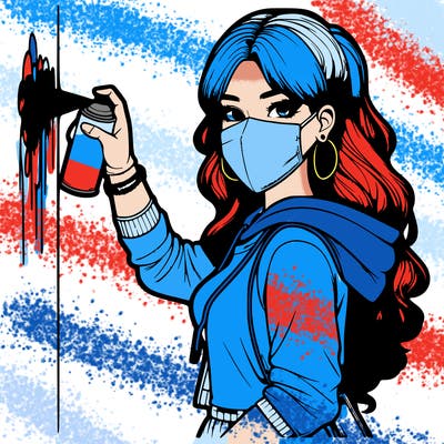 realistic girl with mask spray painting a wall