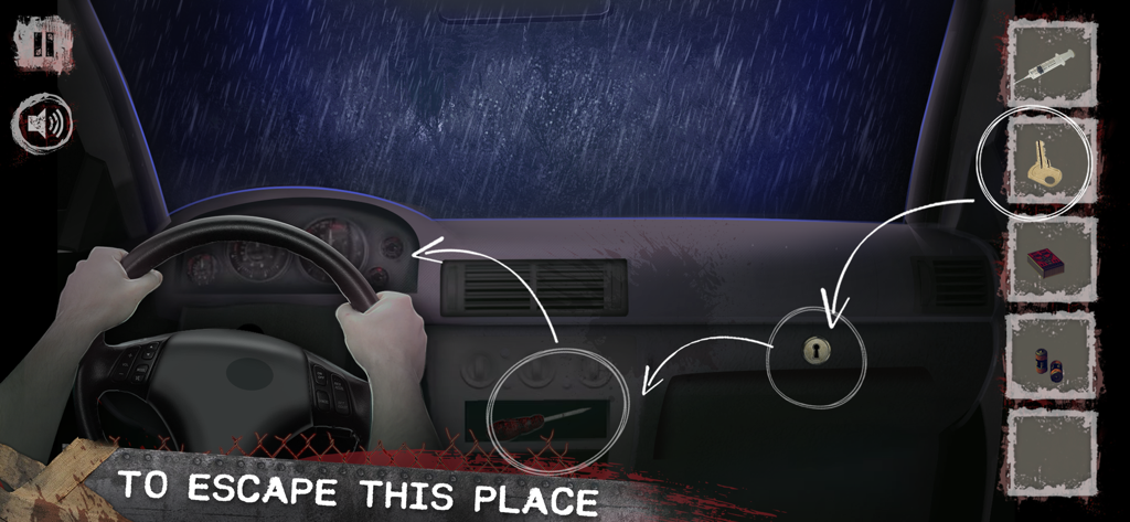 Gameplay screenshot of Hospital Escape Room Horror showing a car dashboard puzzle with inventory items like a key and screwdriver in a rainy night setting.