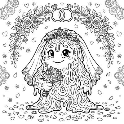 Dive into a wonderfully whimsical world with this unique Tar Monster bride coloring page, perfect for anyone who loves an unconventional wedding. Adorn this gooey gown and floral arch with your favorite colors for a truly memorable celebration.