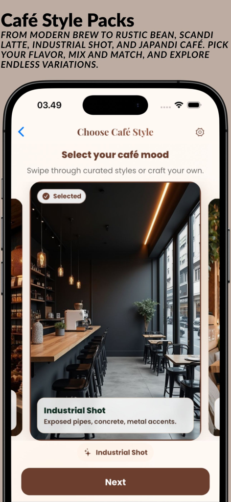 A mobile interface showing the selection of the Industrial Shot cafe style within the AI Cafe room decoration app.