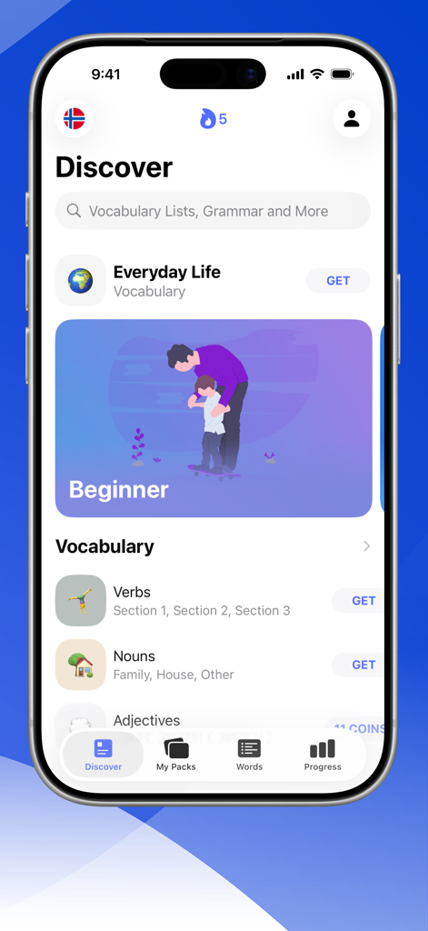 Screenshot della pagina Scopri nell'app Impara il norvegese con LENGO che mostra elenchi di vocabolario e categorie per principianti