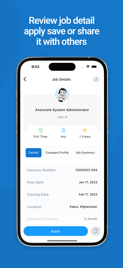 Jobs.af - Jobs.af mobile app displaying the details of an Associate System Administrator job in Kabul Afghanistan