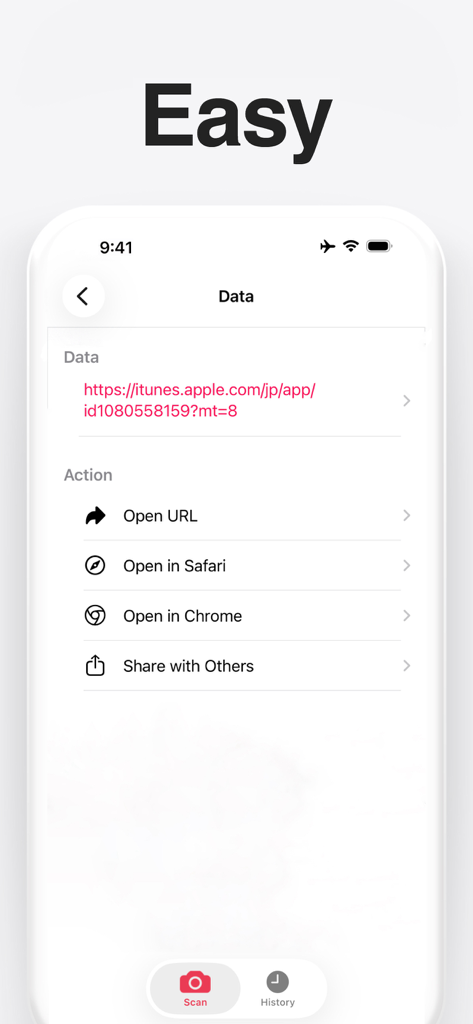 Screenshot of the QR code reader app showing options to open a scanned URL in Safari or Chrome.