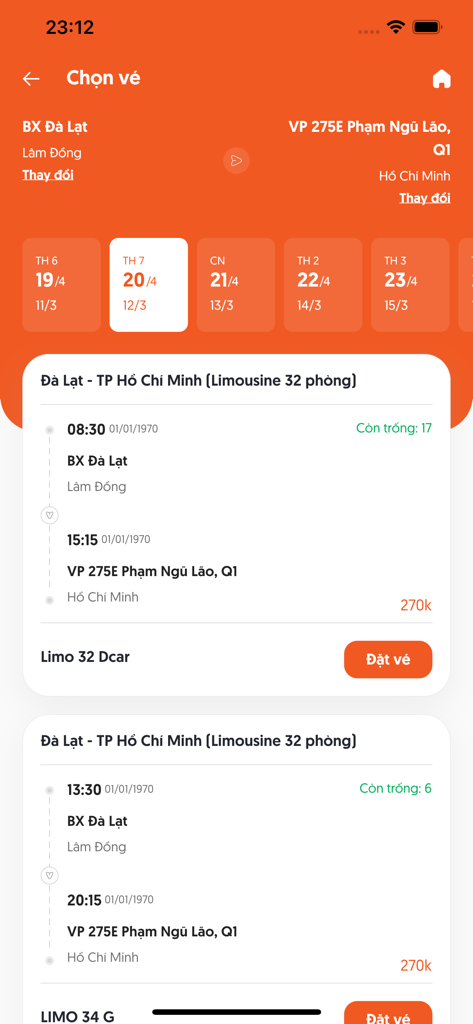 Kumho Samco Buslines - Écran de sélection des billets de bus pour la route de Dalat à Ho Chi Minh Ville sur l'application Kumho Samco