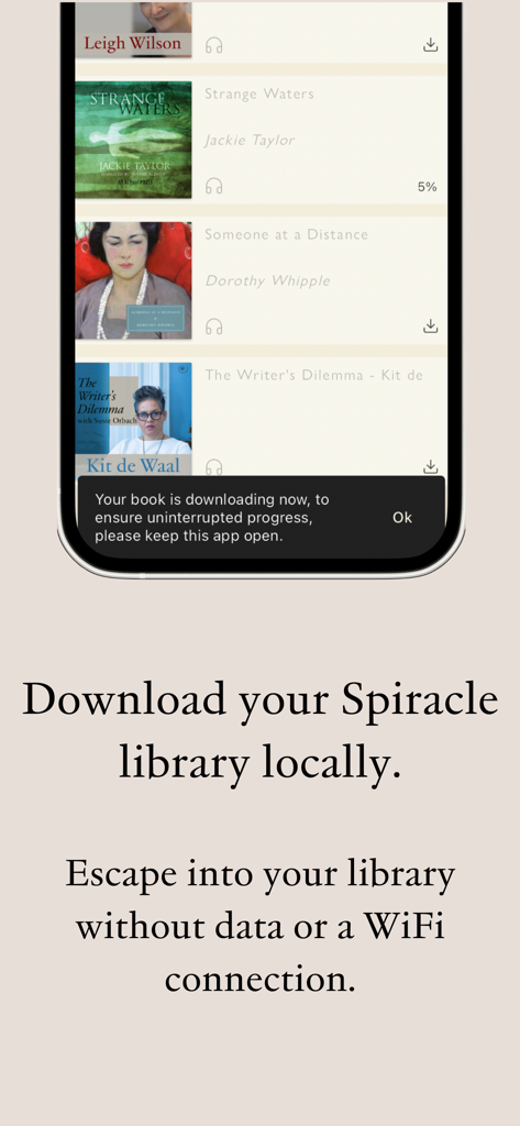Spiracle Player - Interface of the Spiracle Player app showing a list of audiobooks and a notification about downloading content for offline listening