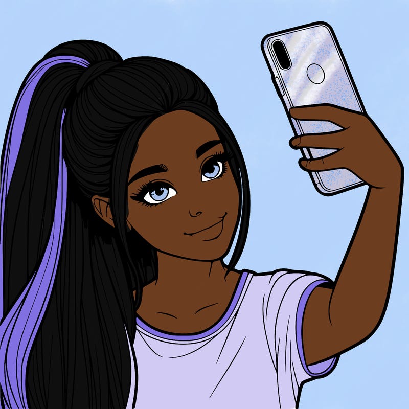 realistic girl taking a selfie with a ponytail